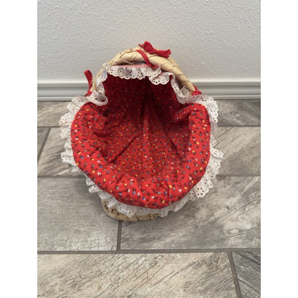 Wicker Doll Cradle Basket 16” Red Floral Liner Lace Baby Doll Bed Vintage Style - Picture 4 of 10